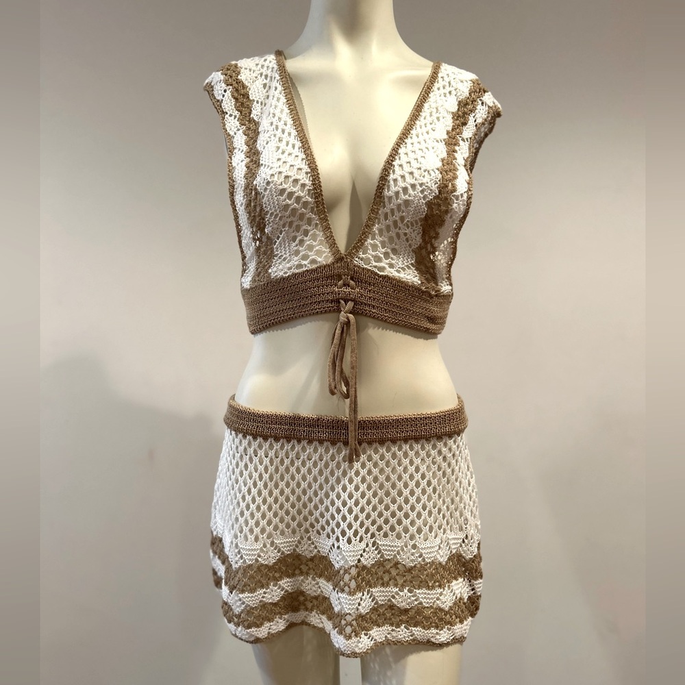 Swimsuit coverup two piece tan and white.  Never worn